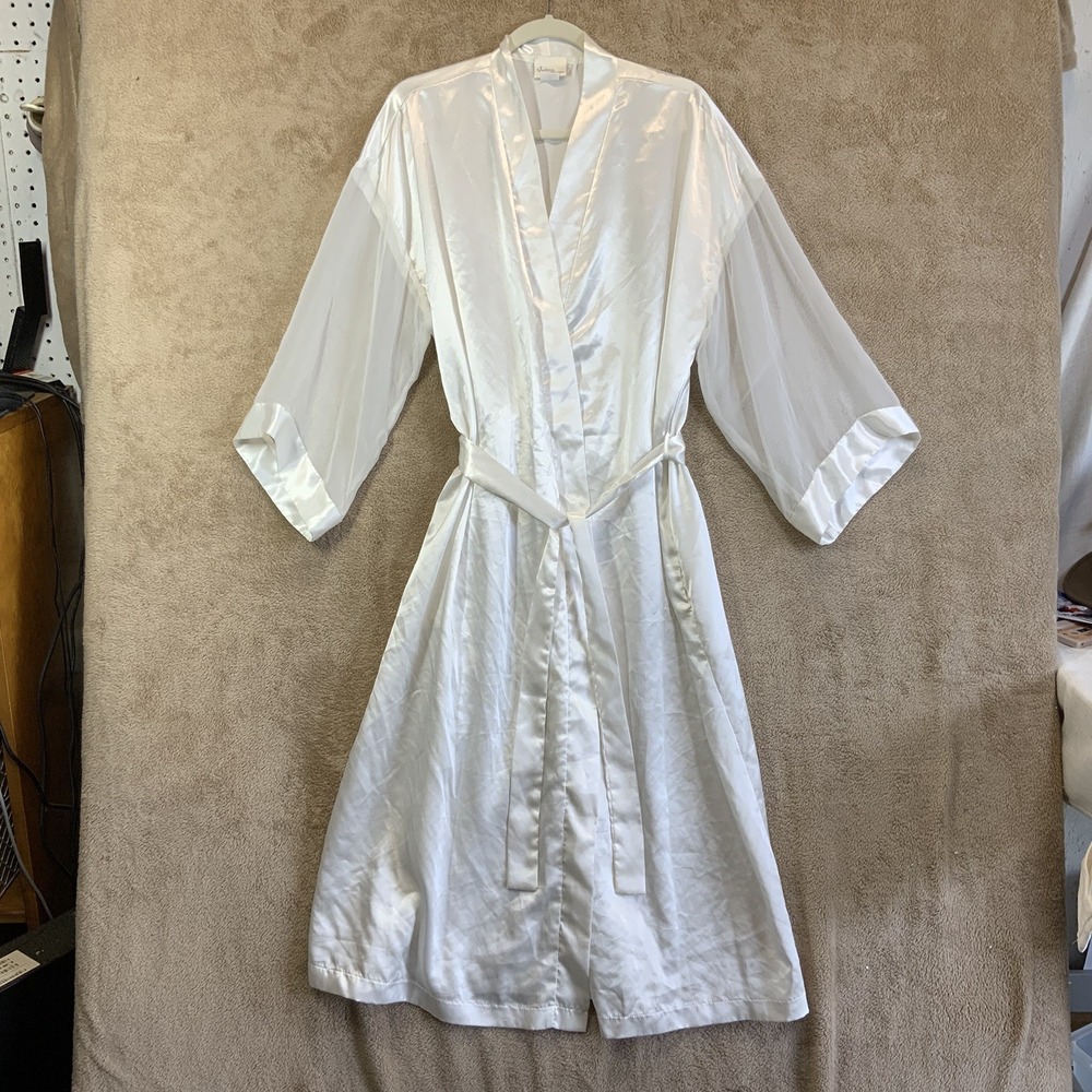 VTG Intimo Amore White Satin Silky‎ Robe Sz L Sheer Sleeves Feminine Bridal Sexy